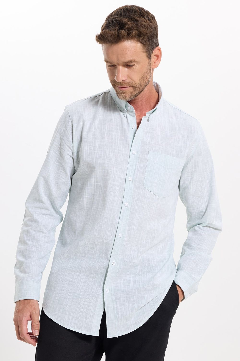 Erkek Slim Fit Dar Kesim Uzun Kollu %100 Pamuk Keten Efektli Düğmeli Yaka Rahat Yeşil Gömlek