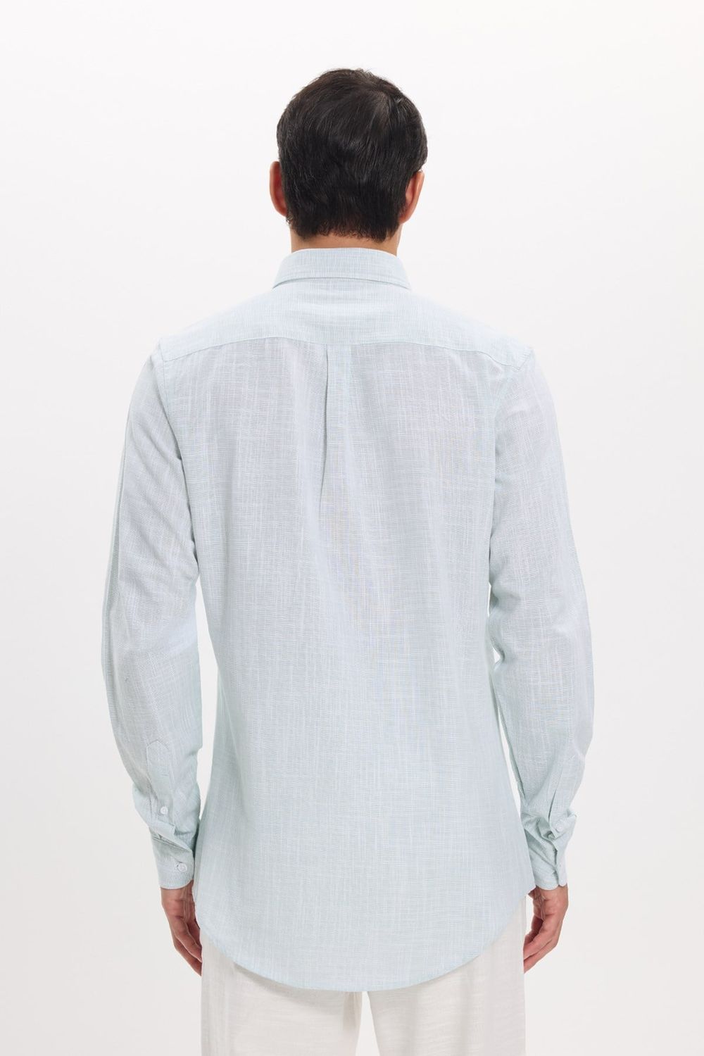Erkek Slim Fit Dar Kesim Uzun Kollu %100 Pamuk Keten Efektli Düğmeli Yaka Rahat Yeşil Gömlek