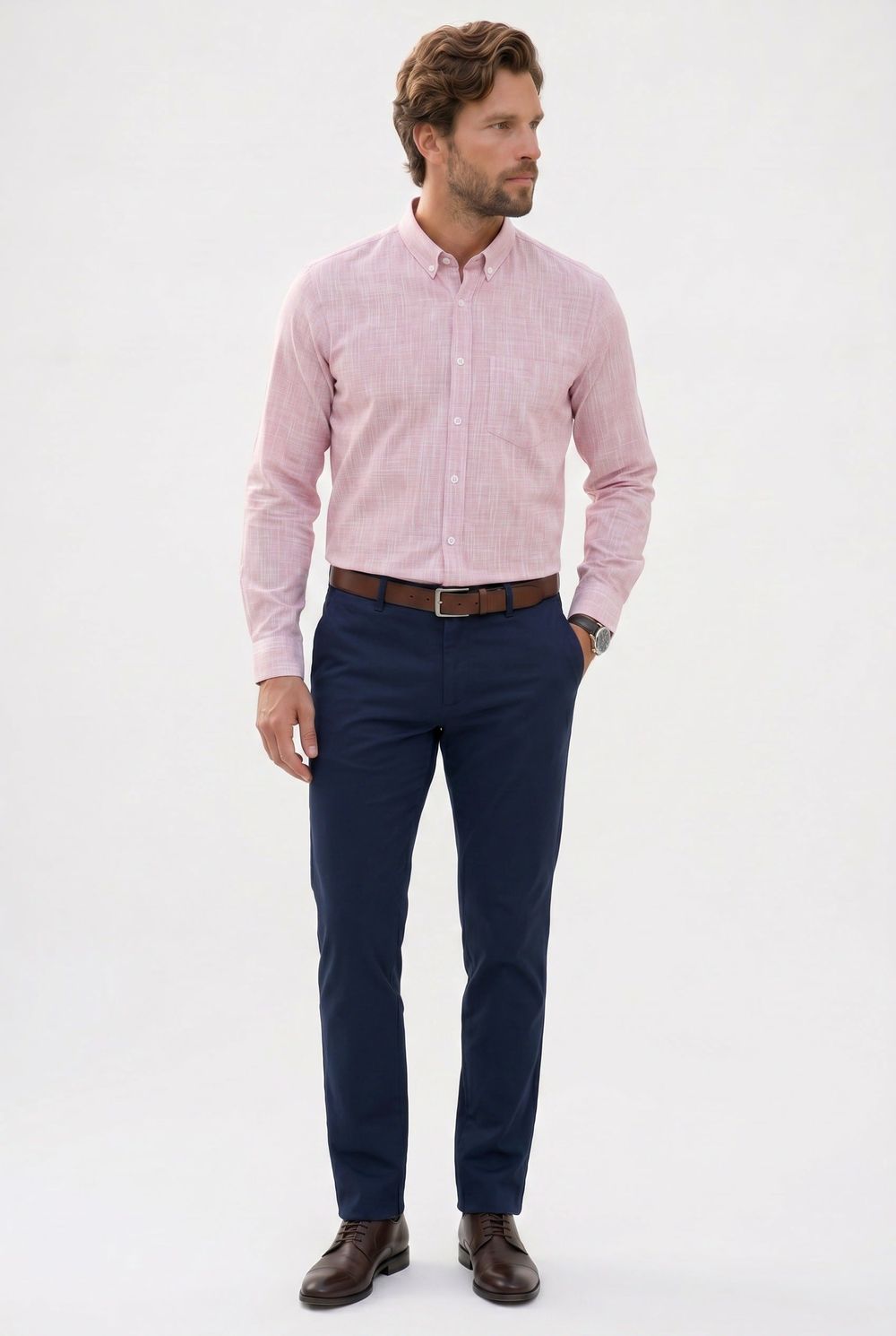 Erkek Slim Fit Dar Kesim Uzun Kollu %100 Pamuk Keten Efektli Düğmeli Yaka Rahat Gömlek
