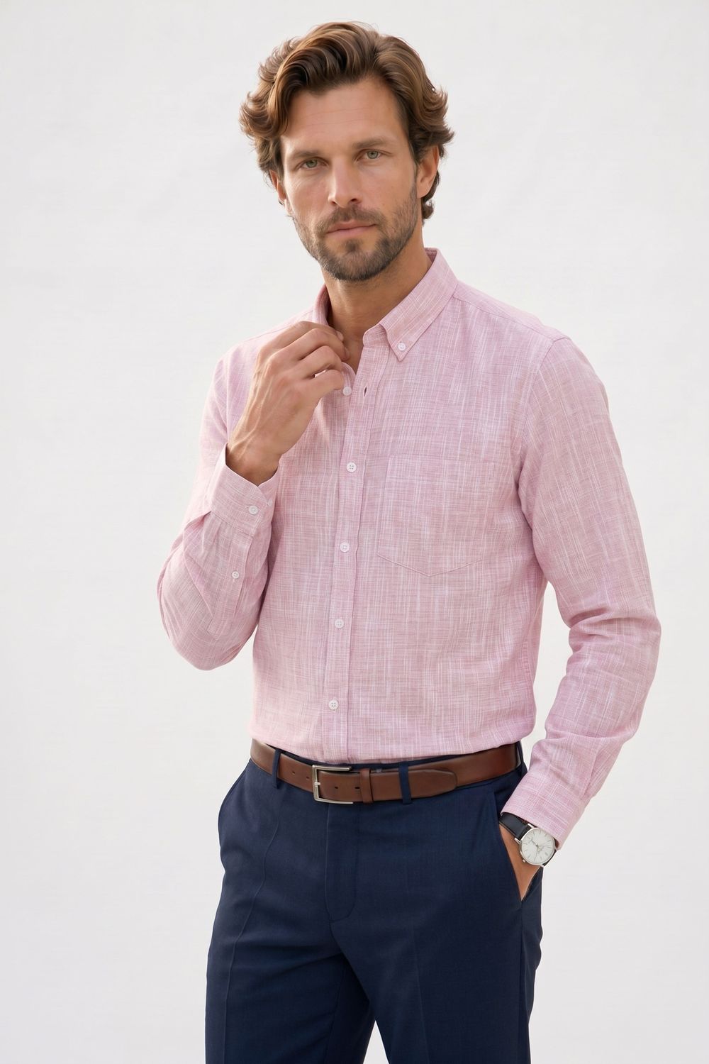 Erkek Slim Fit Dar Kesim Uzun Kollu %100 Pamuk Keten Efektli Düğmeli Yaka Rahat Gömlek