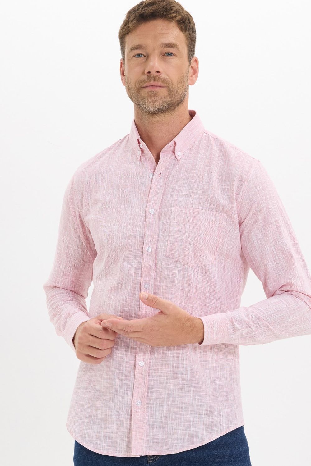 Erkek Slim Fit Dar Kesim Uzun Kollu %100 Pamuk Keten Efektli Düğmeli Yaka Rahat Kırmızı Gömlek