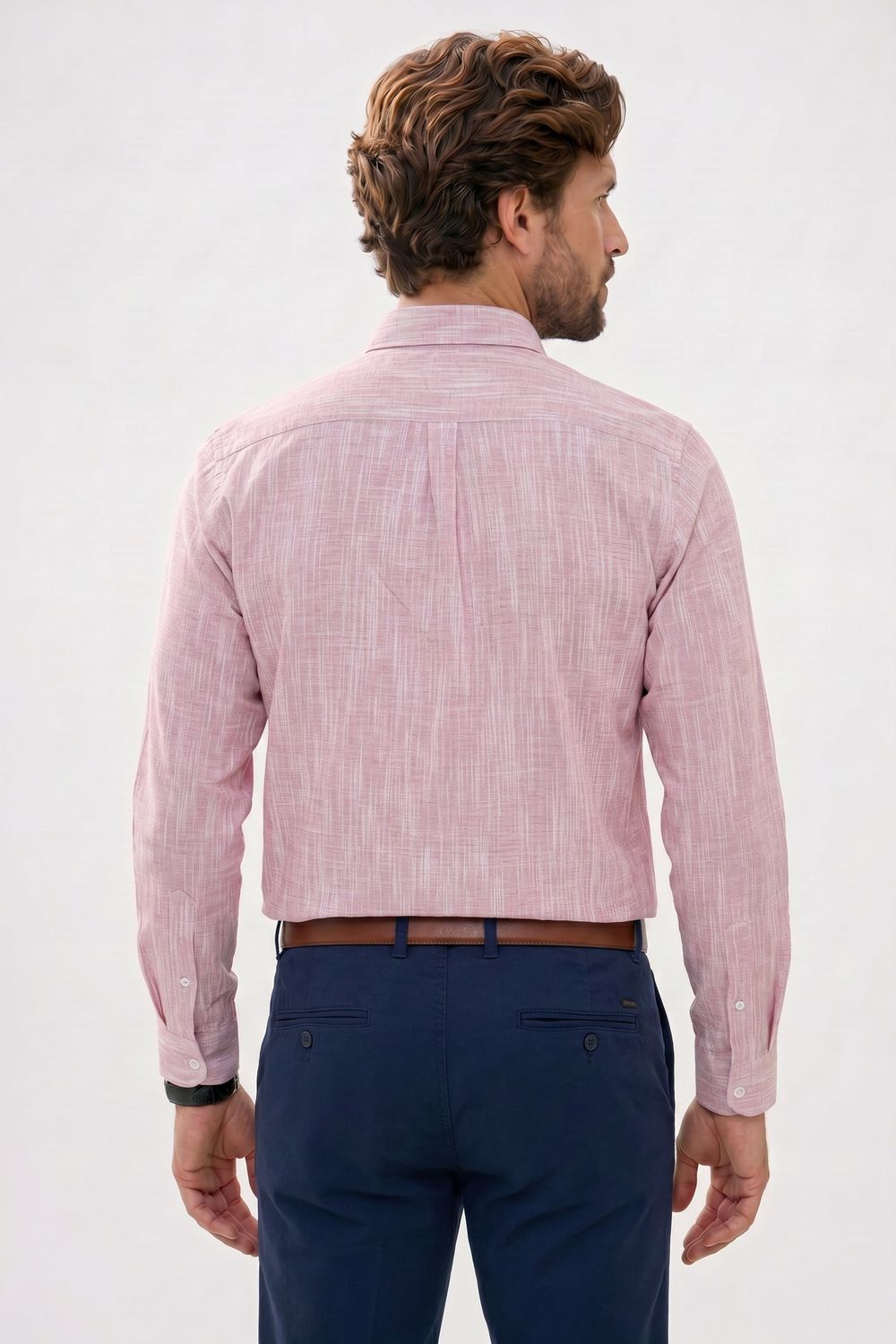 Erkek Slim Fit Dar Kesim Uzun Kollu %100 Pamuk Keten Efektli Düğmeli Yaka Rahat Gömlek