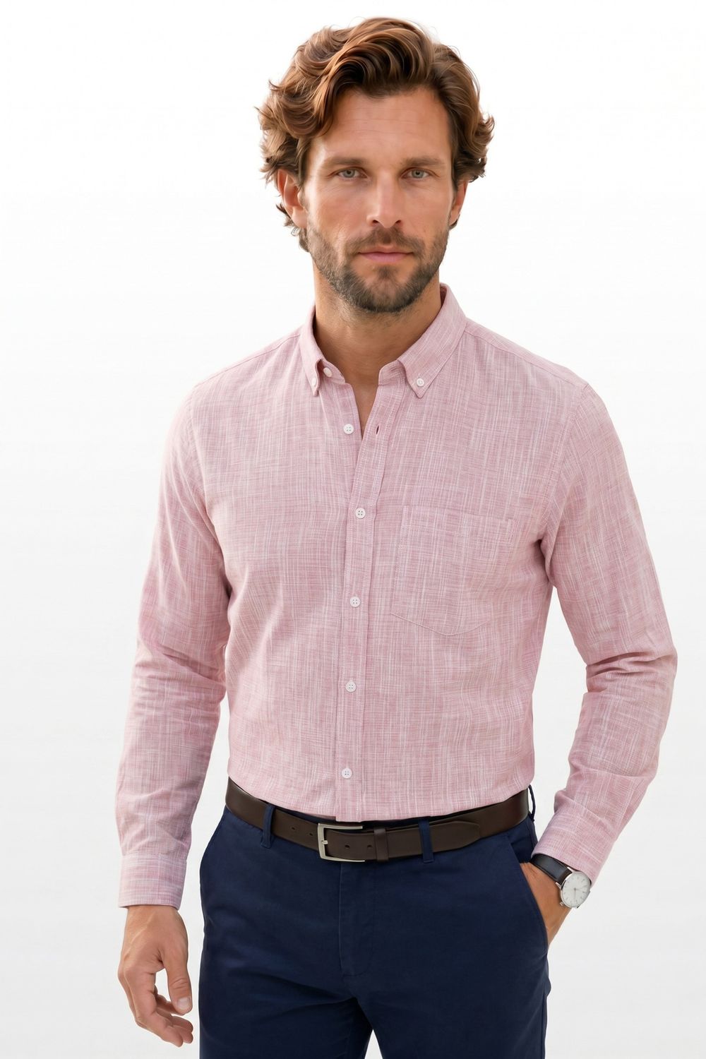 Erkek Slim Fit Dar Kesim Uzun Kollu %100 Pamuk Keten Efektli Düğmeli Yaka Rahat Gömlek