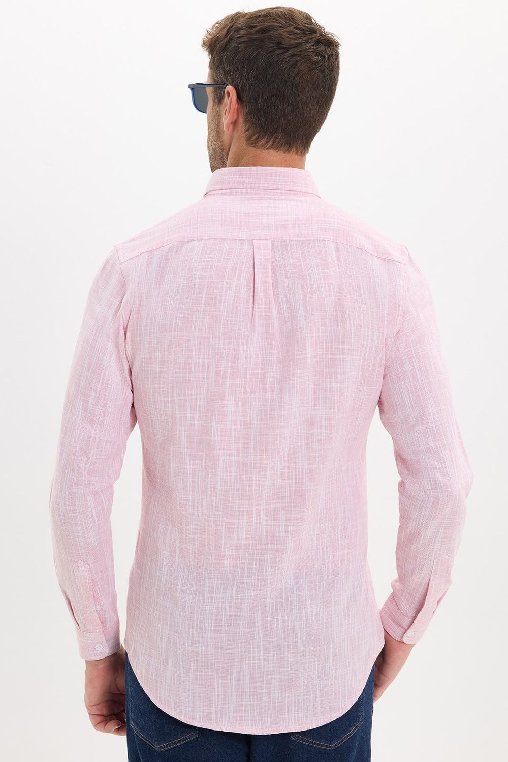 Erkek Slim Fit Dar Kesim Uzun Kollu %100 Pamuk Keten Efektli Düğmeli Yaka Rahat Kırmızı Gömlek