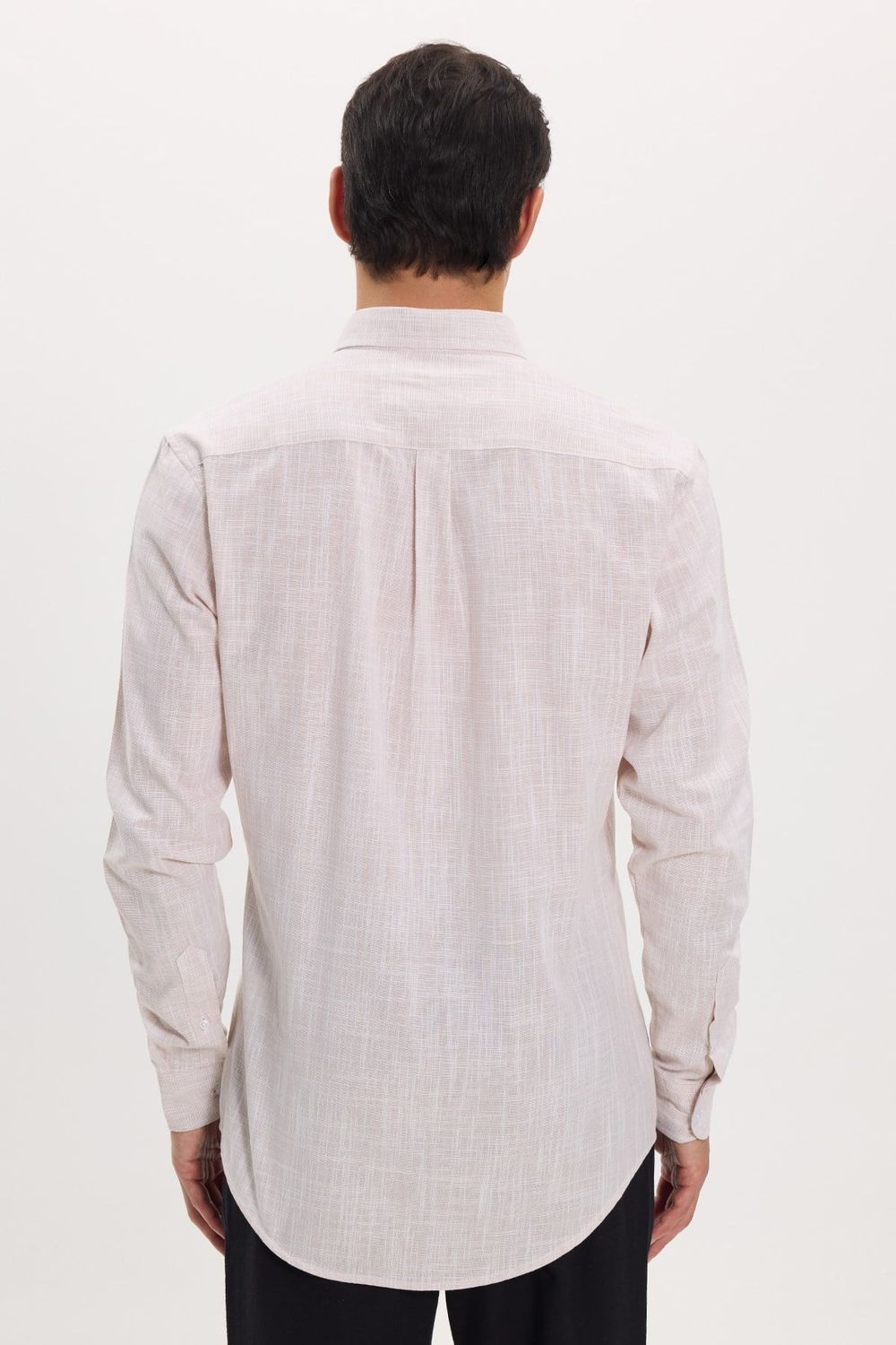 Erkek Slim Fit Dar Kesim Uzun Kollu %100 Pamuk Keten Efektli Düğmeli Yaka Rahat Bej Gömlek