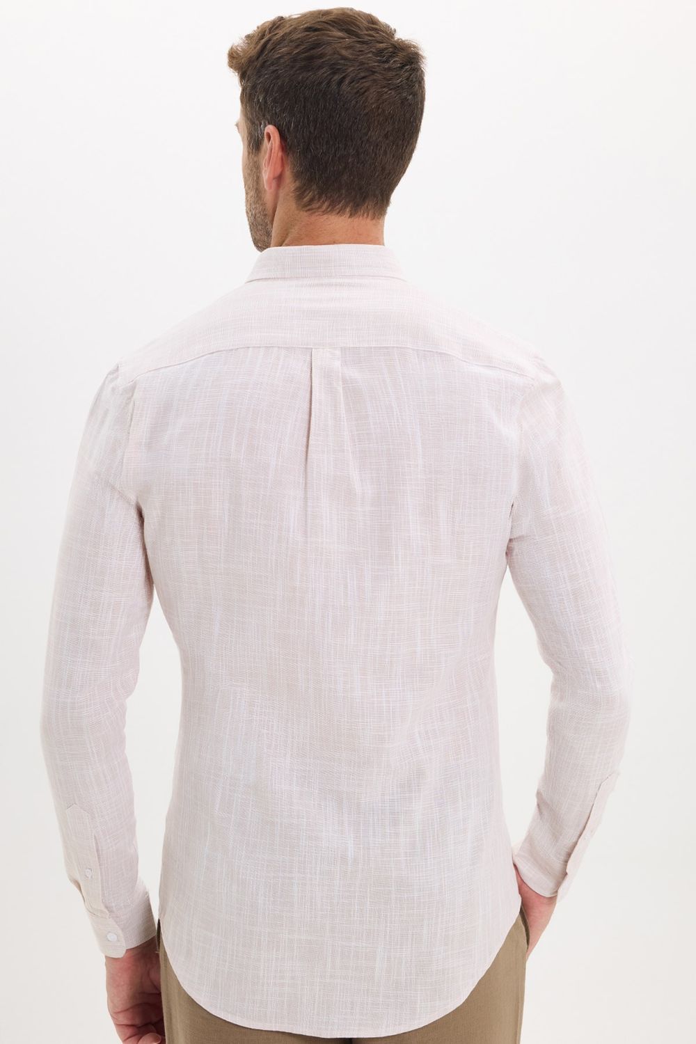 Erkek Slim Fit Dar Kesim Uzun Kollu %100 Pamuk Keten Efektli Düğmeli Yaka Rahat Bej Gömlek