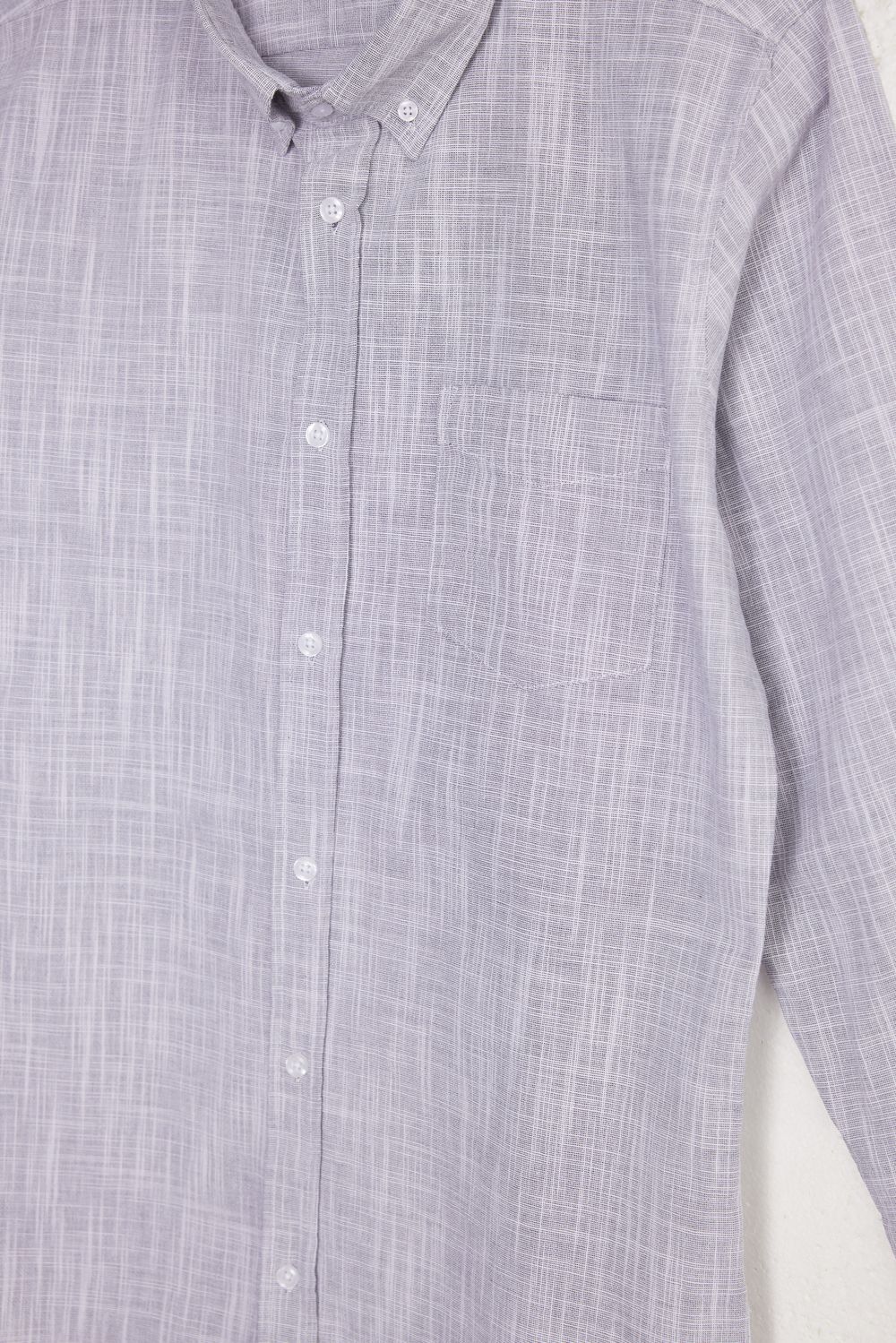 Erkek Slim Fit Dar Kesim Uzun Kollu %100 Pamuk Keten Efektli Düğmeli Yaka Rahat Gömlek