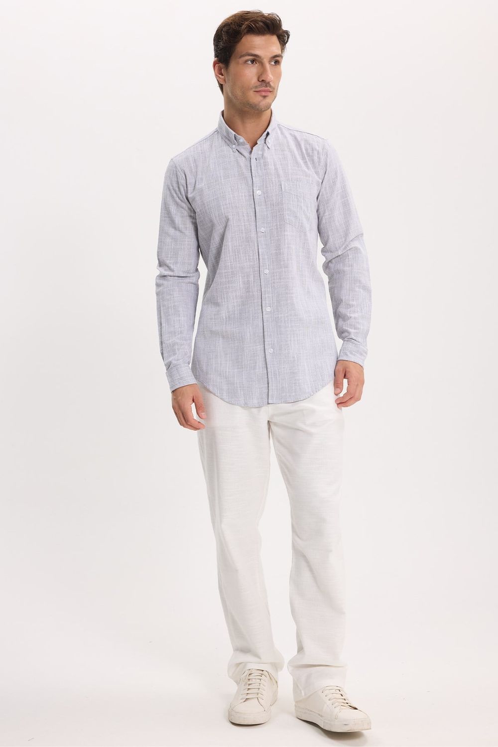 Erkek Slim Fit Dar Kesim Uzun Kollu %100 Pamuk Keten Efektli Düğmeli Yaka Rahat Gri Gömlek