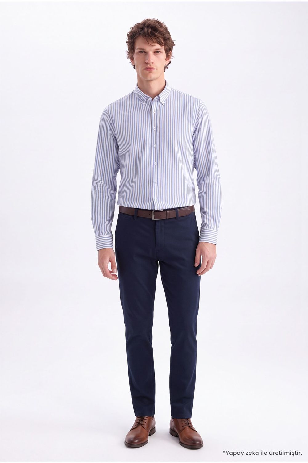 Erkek Slim Fit Dar Kesim Düğmeli Yaka Körüklü Sırt Pileli Pamuklu Uzun Kollu Mavi Çizgili Gömlek
