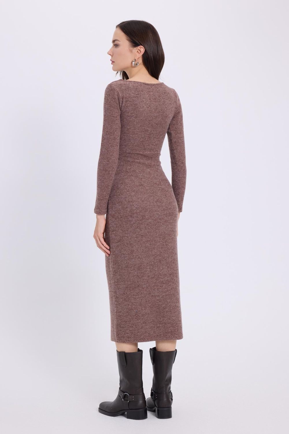 Kadın Slim Fit Dar Kesim Bisiklet Yaka Kahverengi Elbise