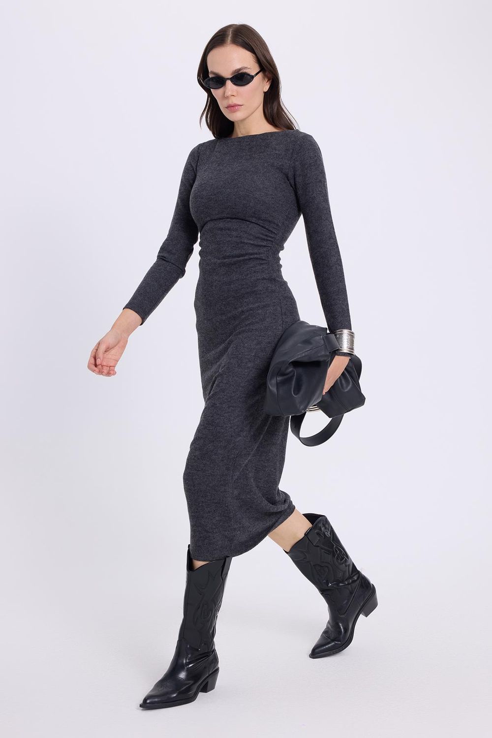 Kadın Slim Fit Dar Kesim Bisiklet Yaka Antrasit Elbise
