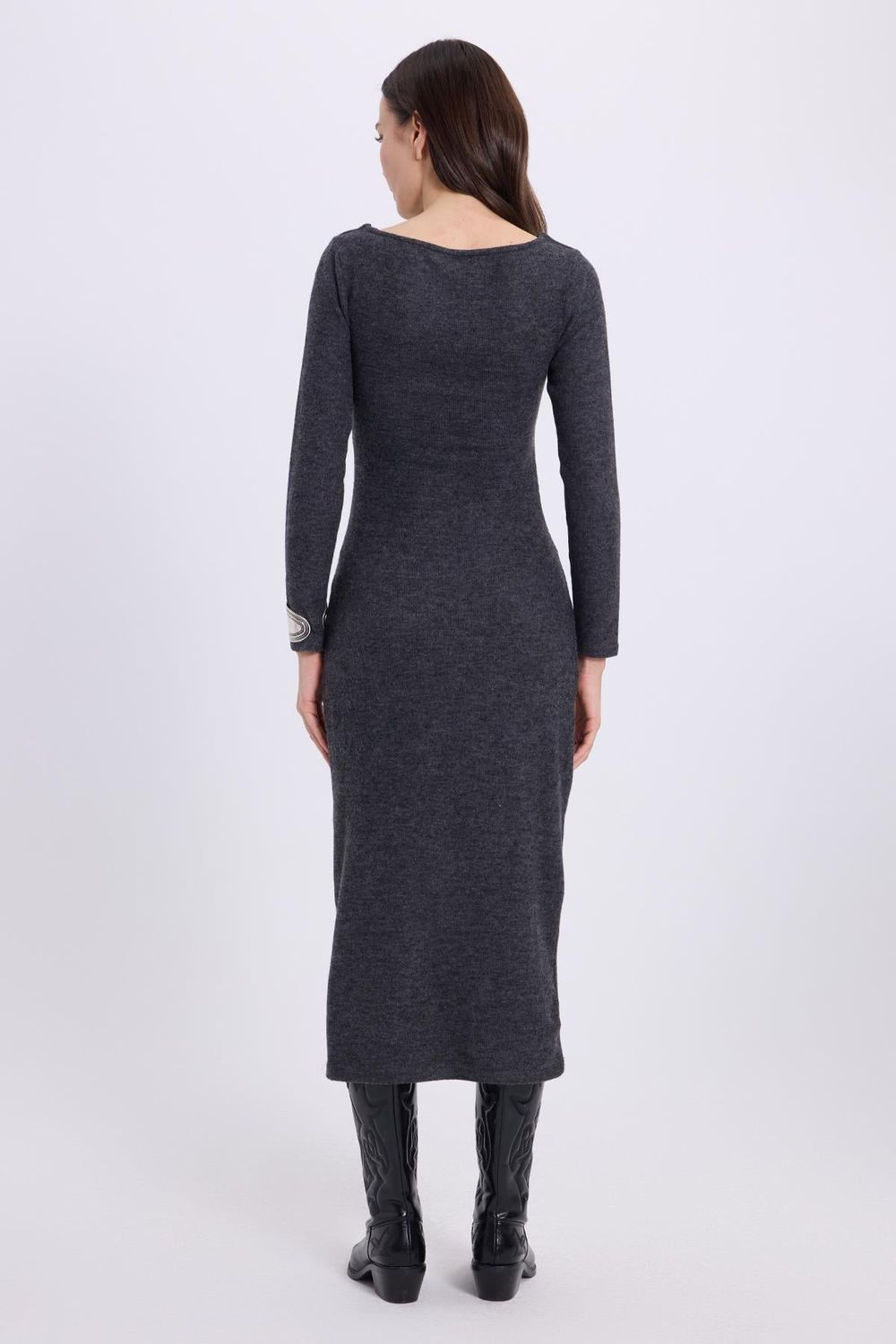 Kadın Slim Fit Dar Kesim Bisiklet Yaka Antrasit Elbise