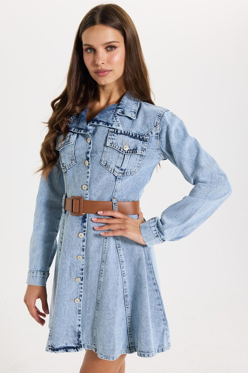 KADIN VOLANLI KEMERLİ 3418 DENIM ELBİSE