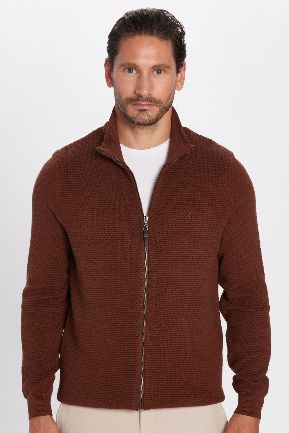 Erkek Slim Fit Dar Kesim Desenli Yarım Balıkçı Yaka Fermuarlı Kahverengi Hırka
