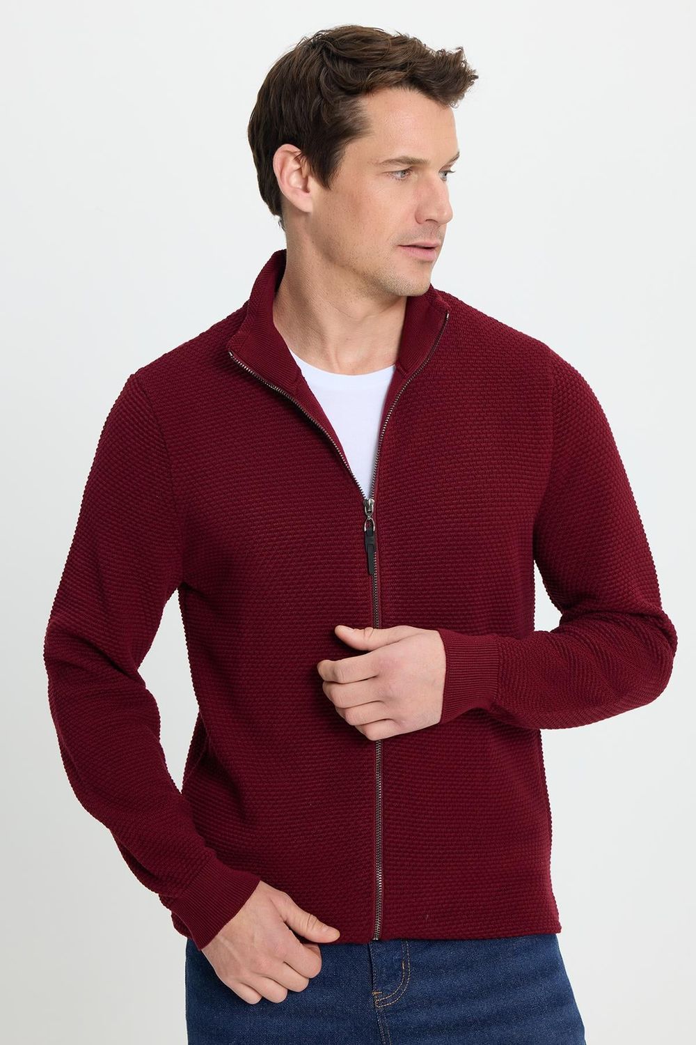 Erkek Standart Fit Normal Kesim Desenli Yarım Balıkçı Yaka Fermuarlı Bordo Hırka