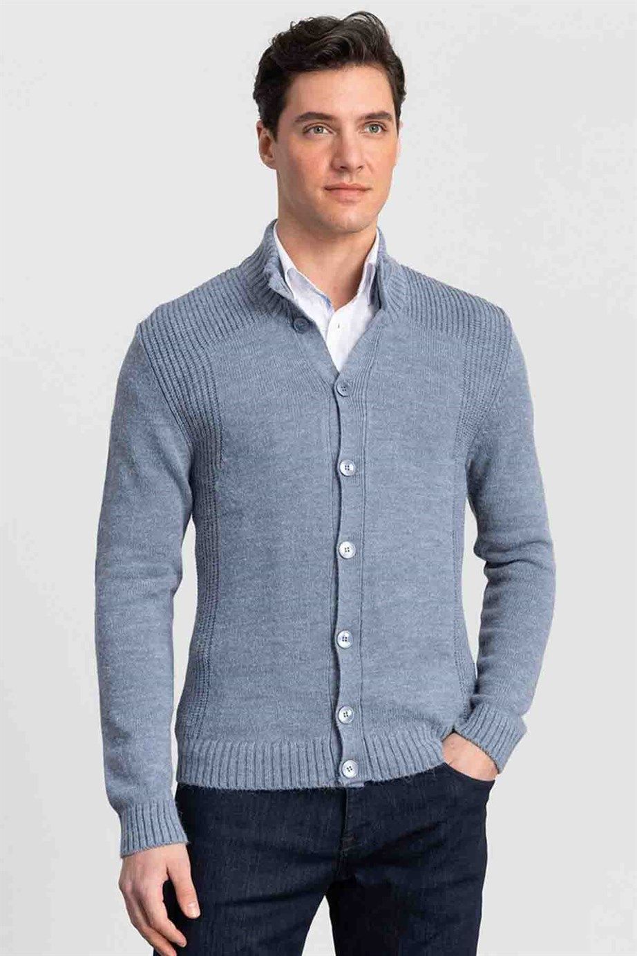 Slim Fit Dar Kesim Kendinden Desenli Düğmeli Kalın Erkek Hırka