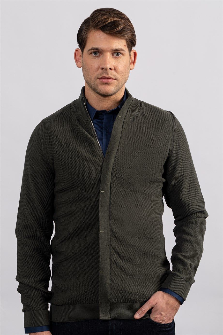 slim fit düz armürlü fermuarlı erkek hırka
