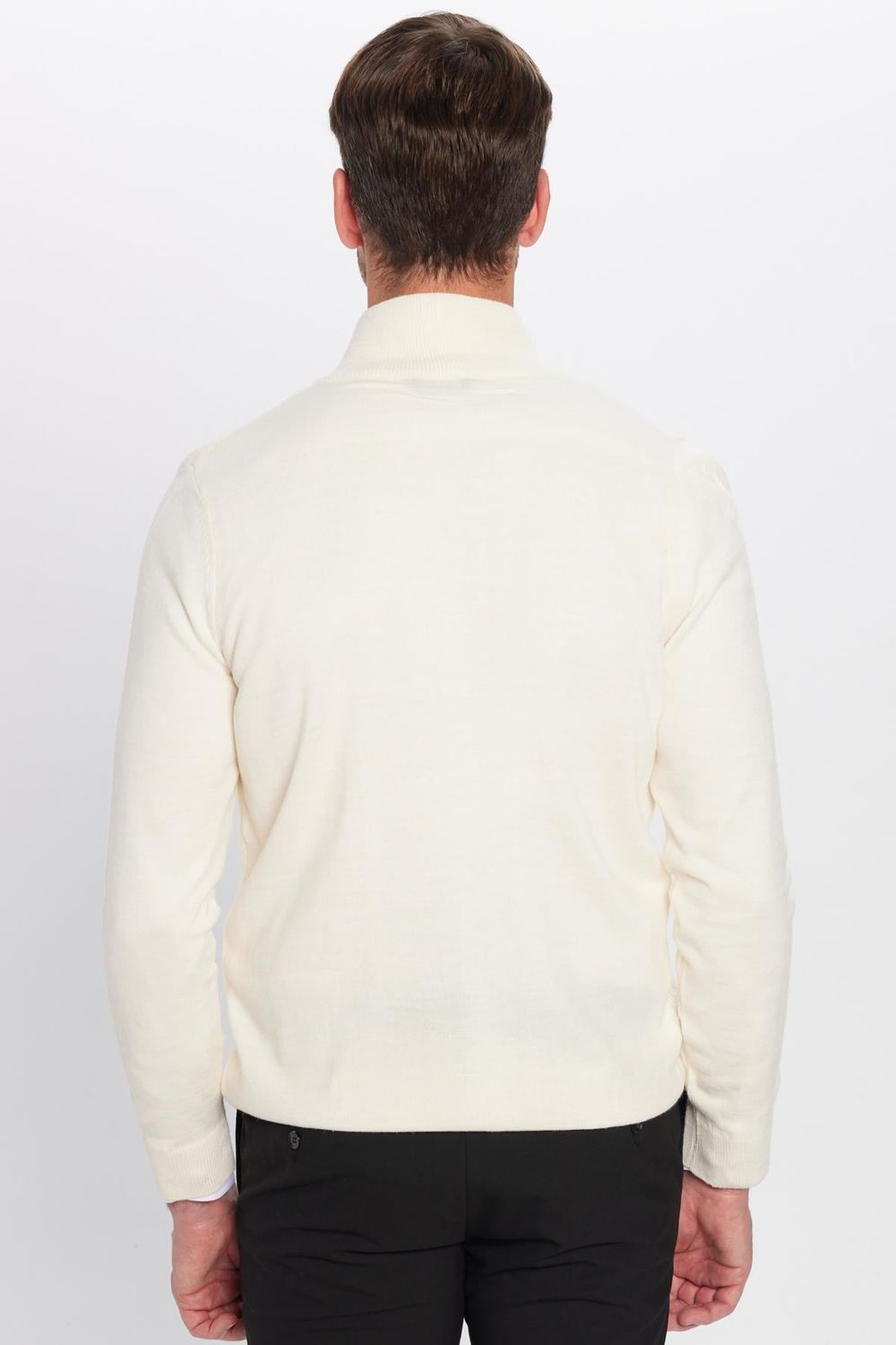 Erkek Slim Fit Desenli Dik Yaka Fermuarlı Ekru Hırka