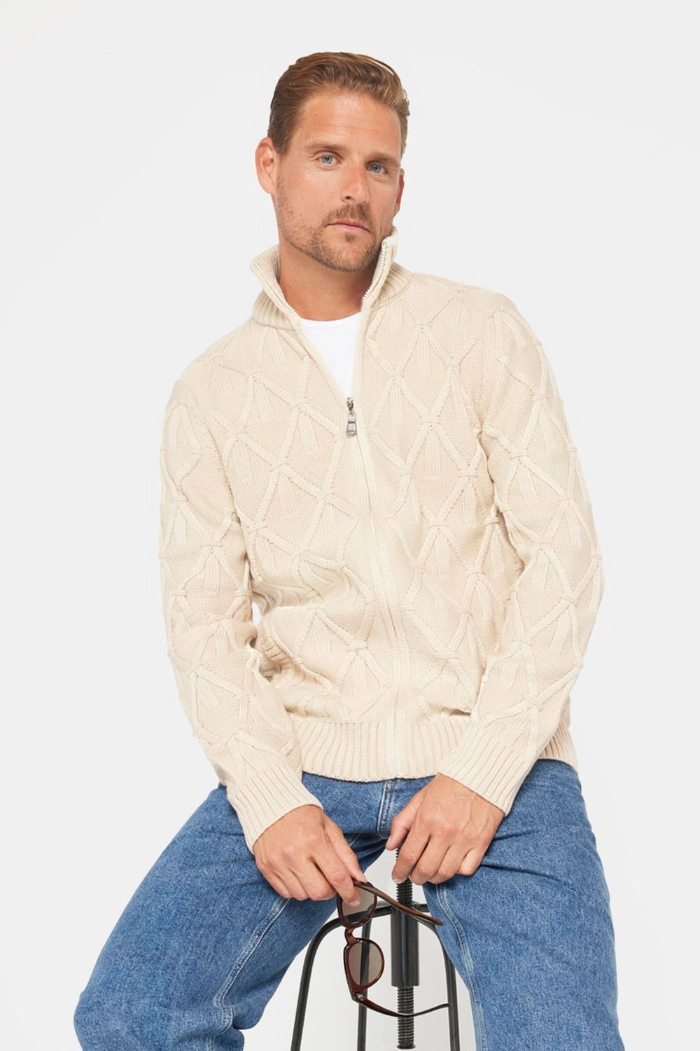 Slim Fit Desenli Dik Yaka  Fermuarlı Erkek Hırka