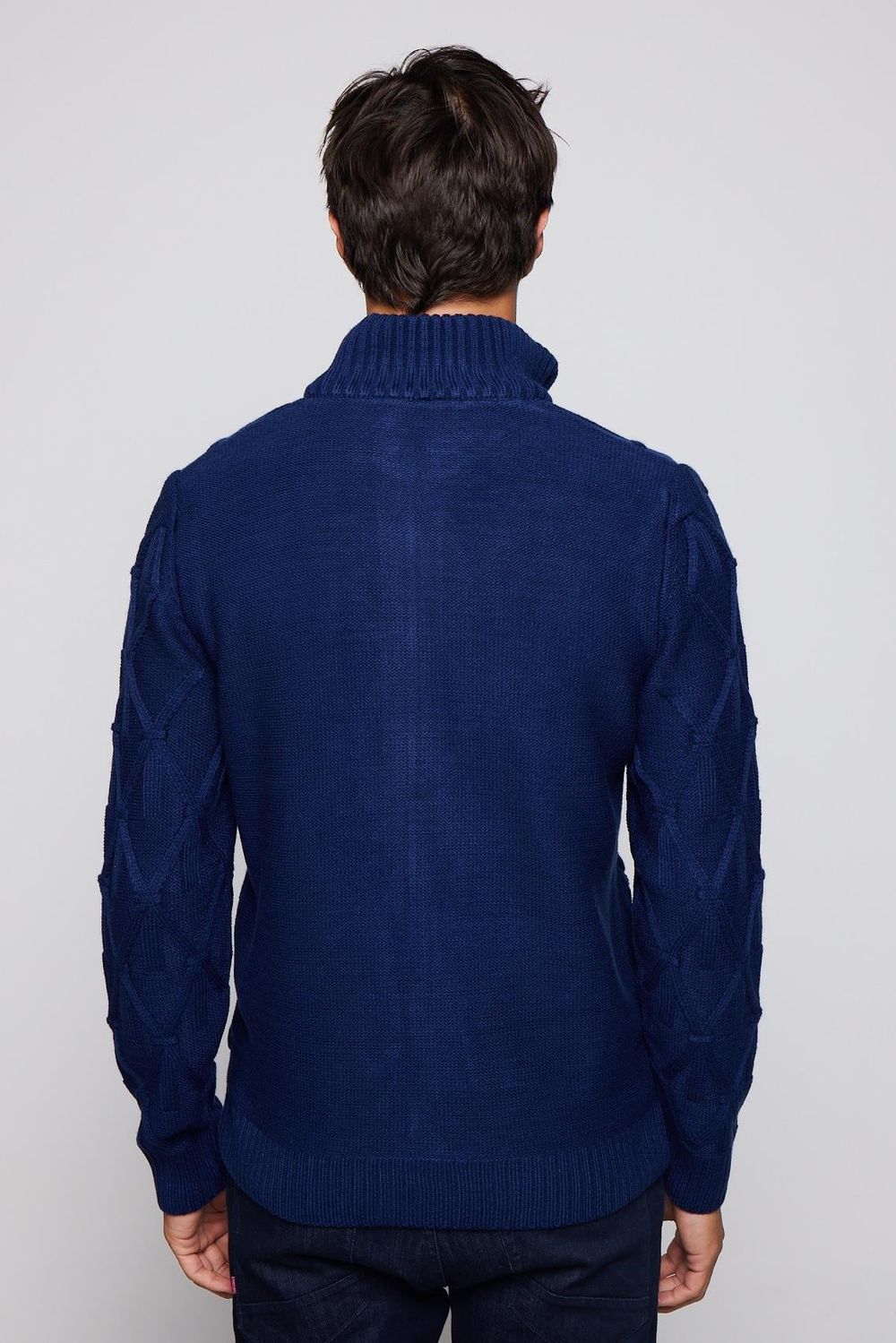 Slim Fit Desenli Dik Yaka Fermuarlı Sax Mavi Erkek Hırka