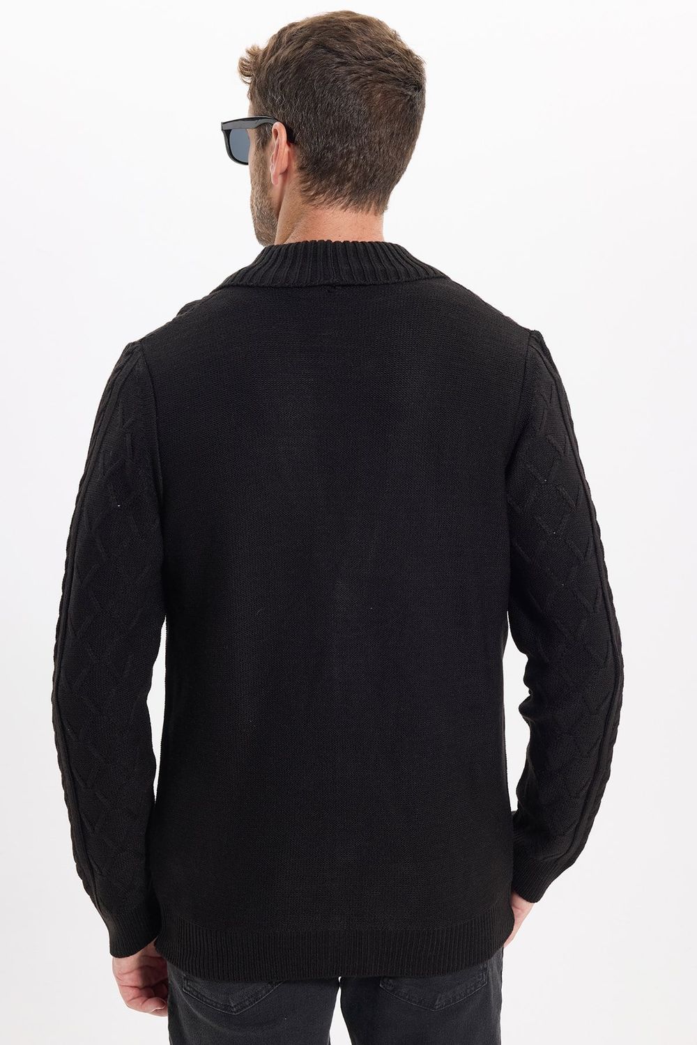 Slim Fit Dar Kesim Desenli Yumuşak Dokulu Düğmeli Siyah Erkek Hırka