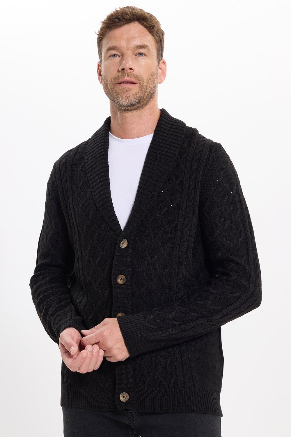 Slim Fit Dar Kesim Desenli Yumuşak Dokulu Düğmeli Siyah Erkek Hırka
