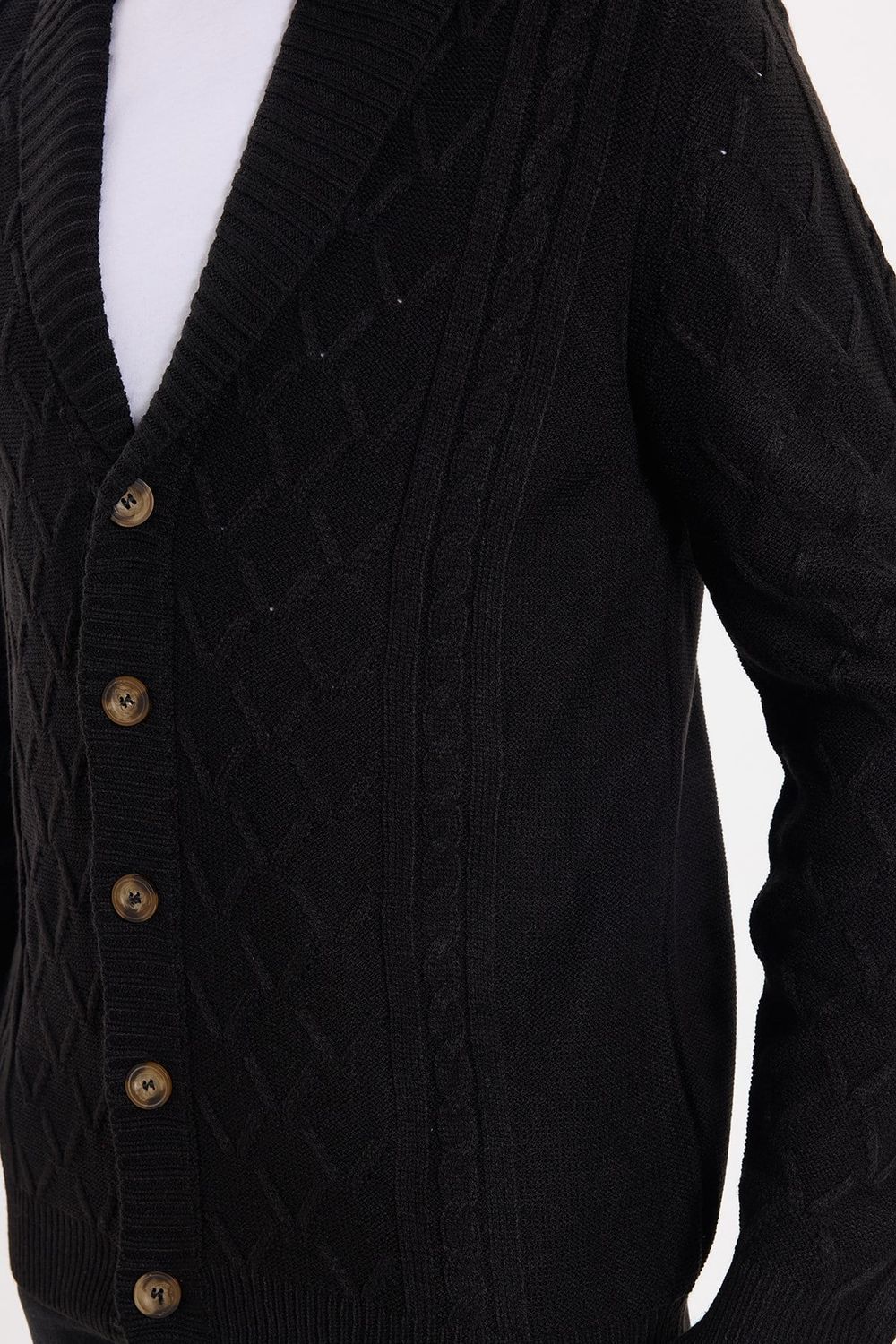 Slim Fit Dar Kesim Desenli Yumuşak Dokulu Düğmeli Siyah Erkek Hırka