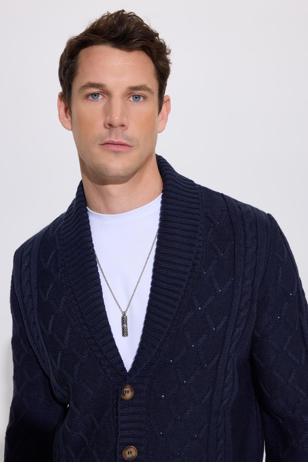 Slim Fit Dar Kesim Desenli Yumuşak Dokulu Düğmeli Lacivert Erkek Hırka