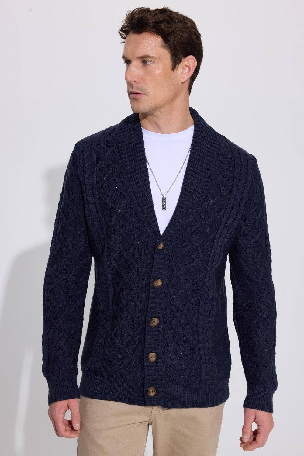 Slim Fit Dar Kesim Desenli Yumuşak Dokulu Düğmeli Lacivert Erkek Hırka