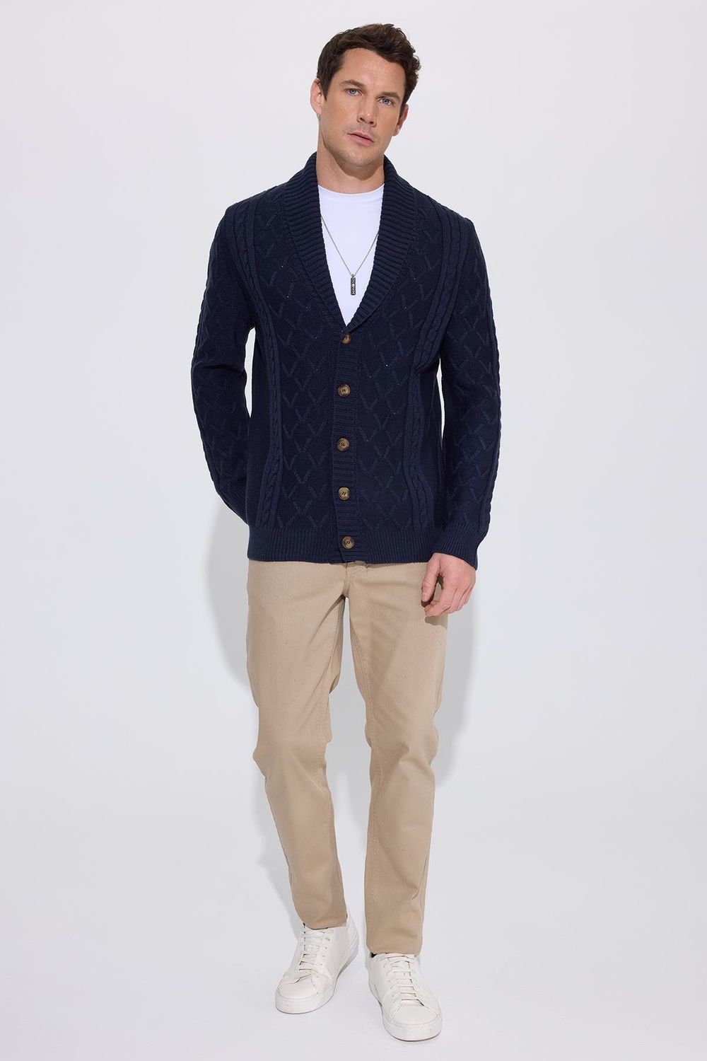 Slim Fit Dar Kesim Desenli Yumuşak Dokulu Düğmeli Lacivert Erkek Hırka