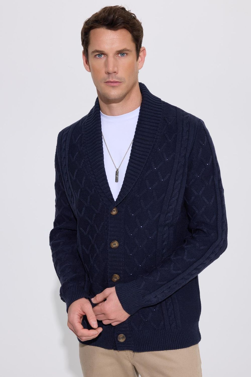 Slim Fit Dar Kesim Desenli Yumuşak Dokulu Düğmeli Lacivert Erkek Hırka