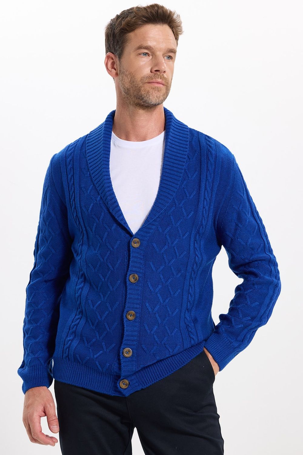 Slim Fit Dar Kesim Desenli Yumuşak Dokulu Düğmeli Sax Mavi Erkek Hırka