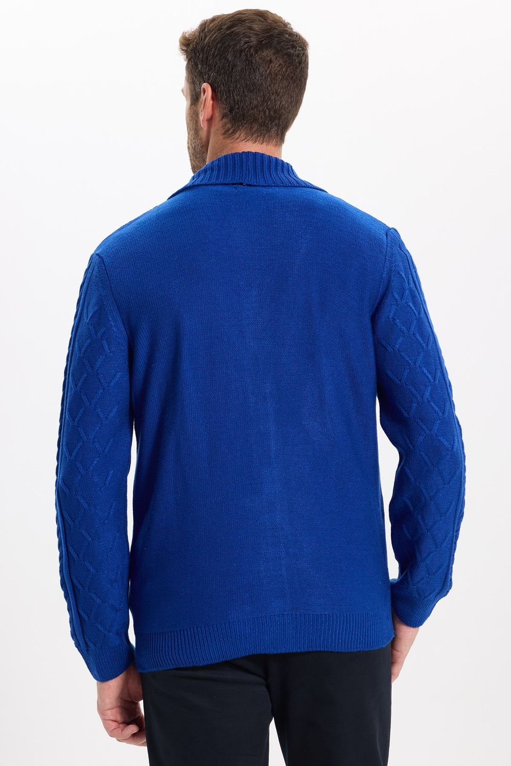 Slim Fit Dar Kesim Desenli Yumuşak Dokulu Düğmeli Sax Mavi Erkek Hırka