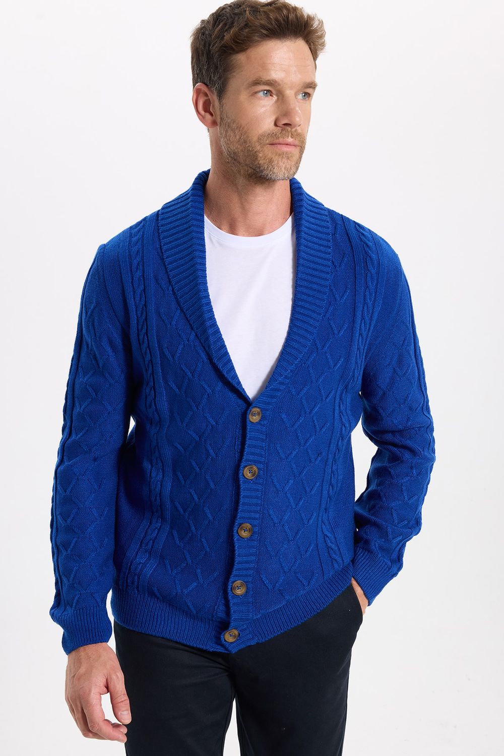 Slim Fit Dar Kesim Desenli Yumuşak Dokulu Düğmeli Sax Mavi Erkek Hırka