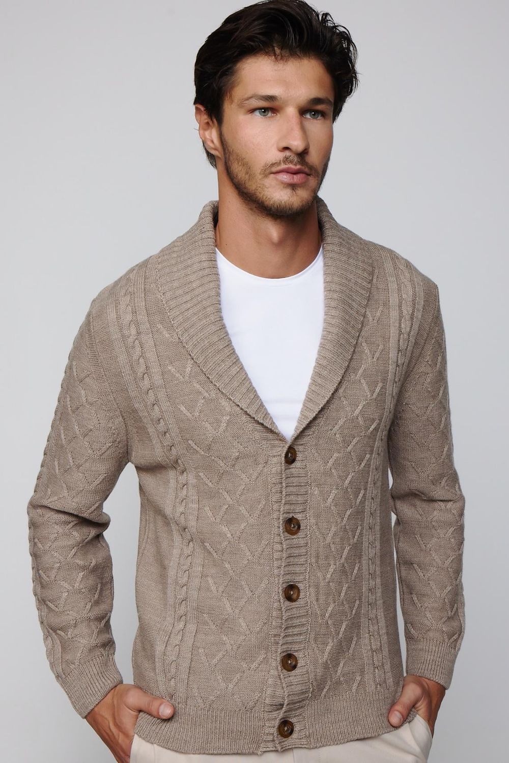 Slim Fit Dar Kesim Desenli Yumuşak Dokulu Düğmeli Kahverengi Erkek Hırka