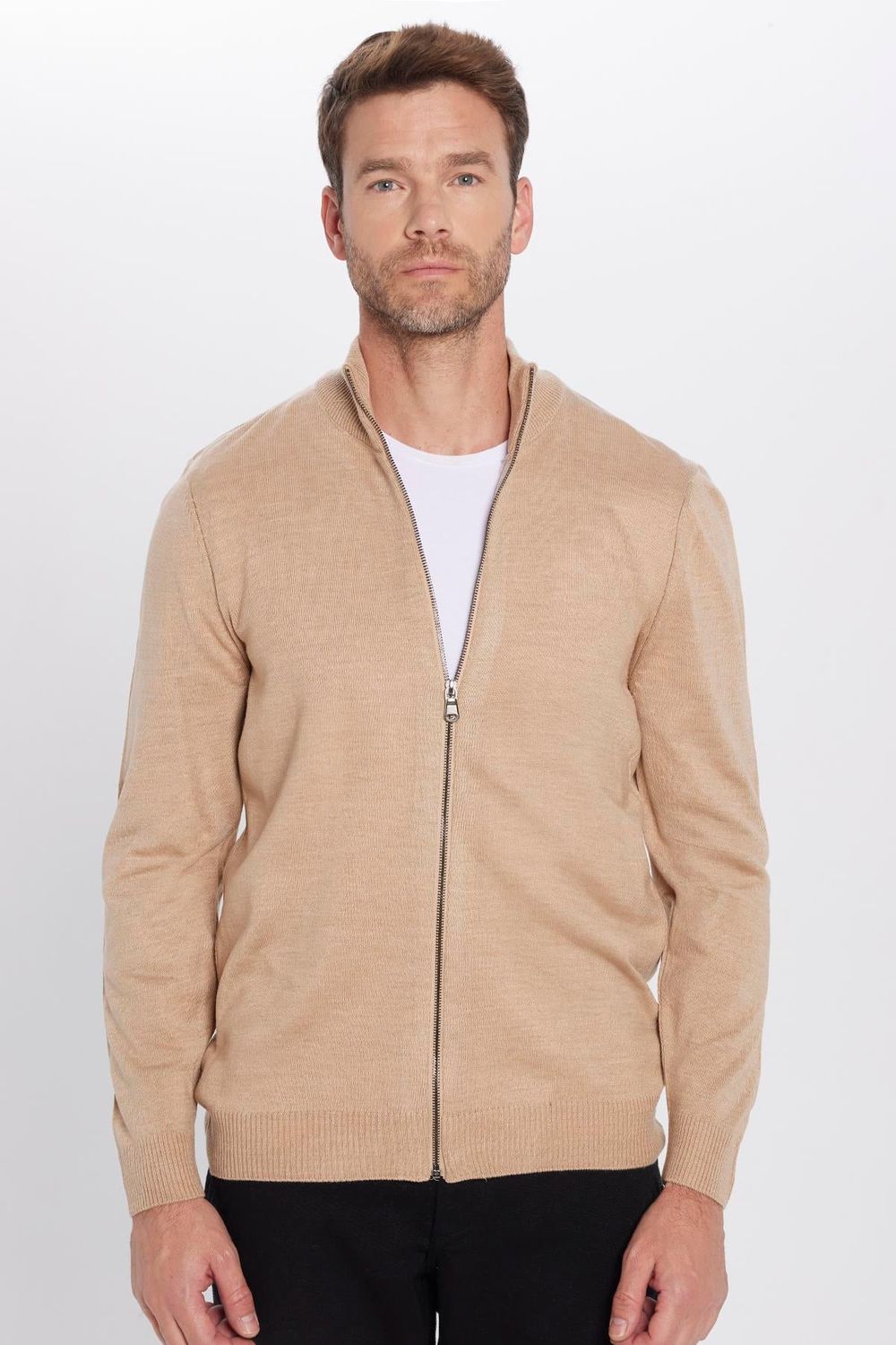 Erkek Slim Fit Dar Kesim Dik Yaka Fermuarlı Düz Hırka