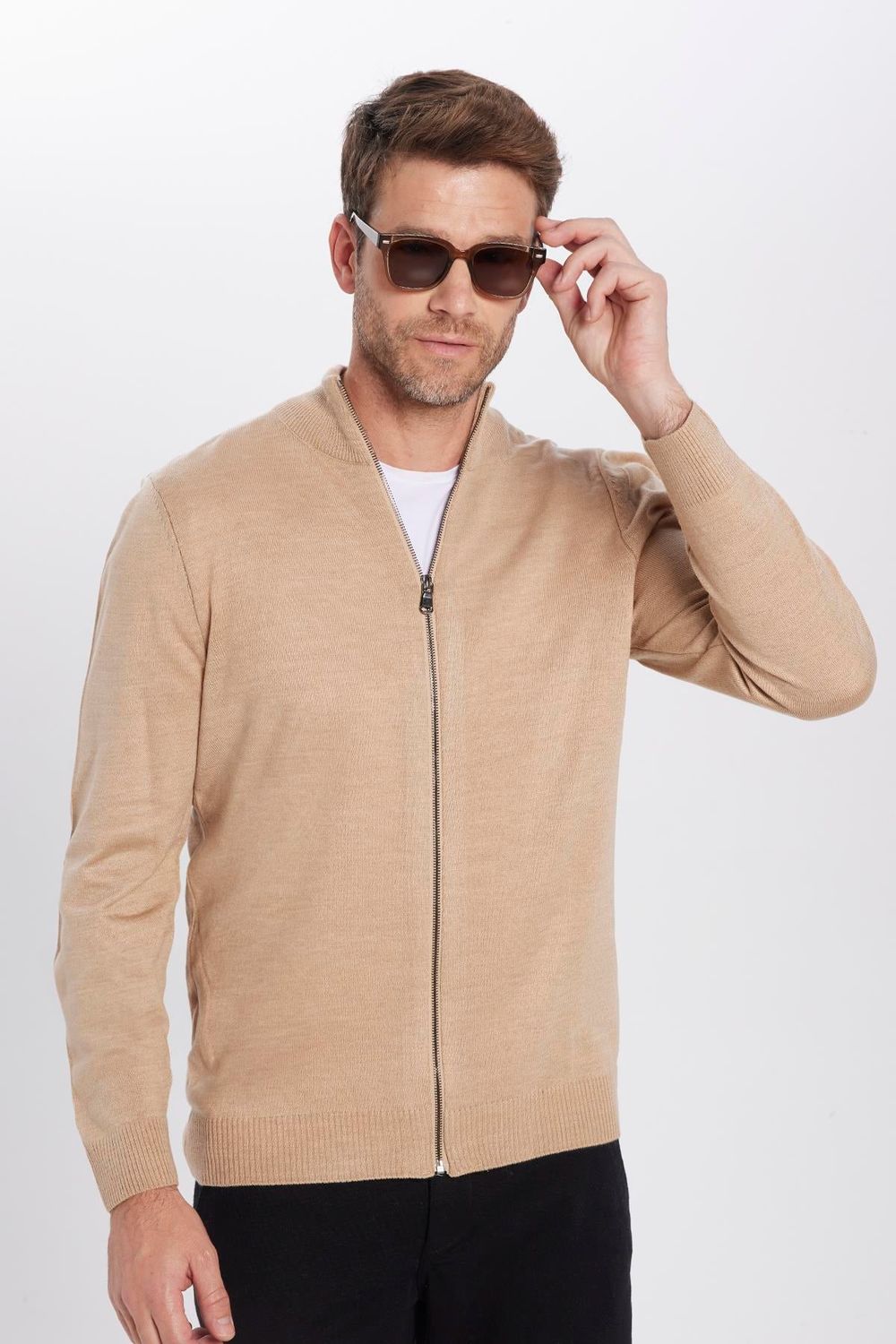 Erkek Slim Fit Dar Kesim Dik Yaka Fermuarlı Düz Hırka
