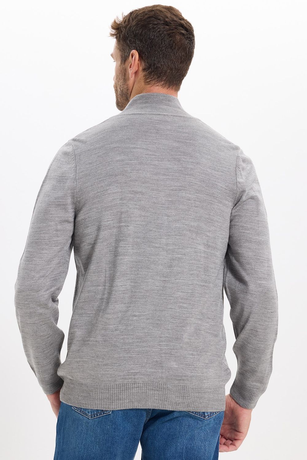 Erkek Slim Fit Dar Kesim Açık Gri Dik Yaka Fermuarlı Düz Hırka