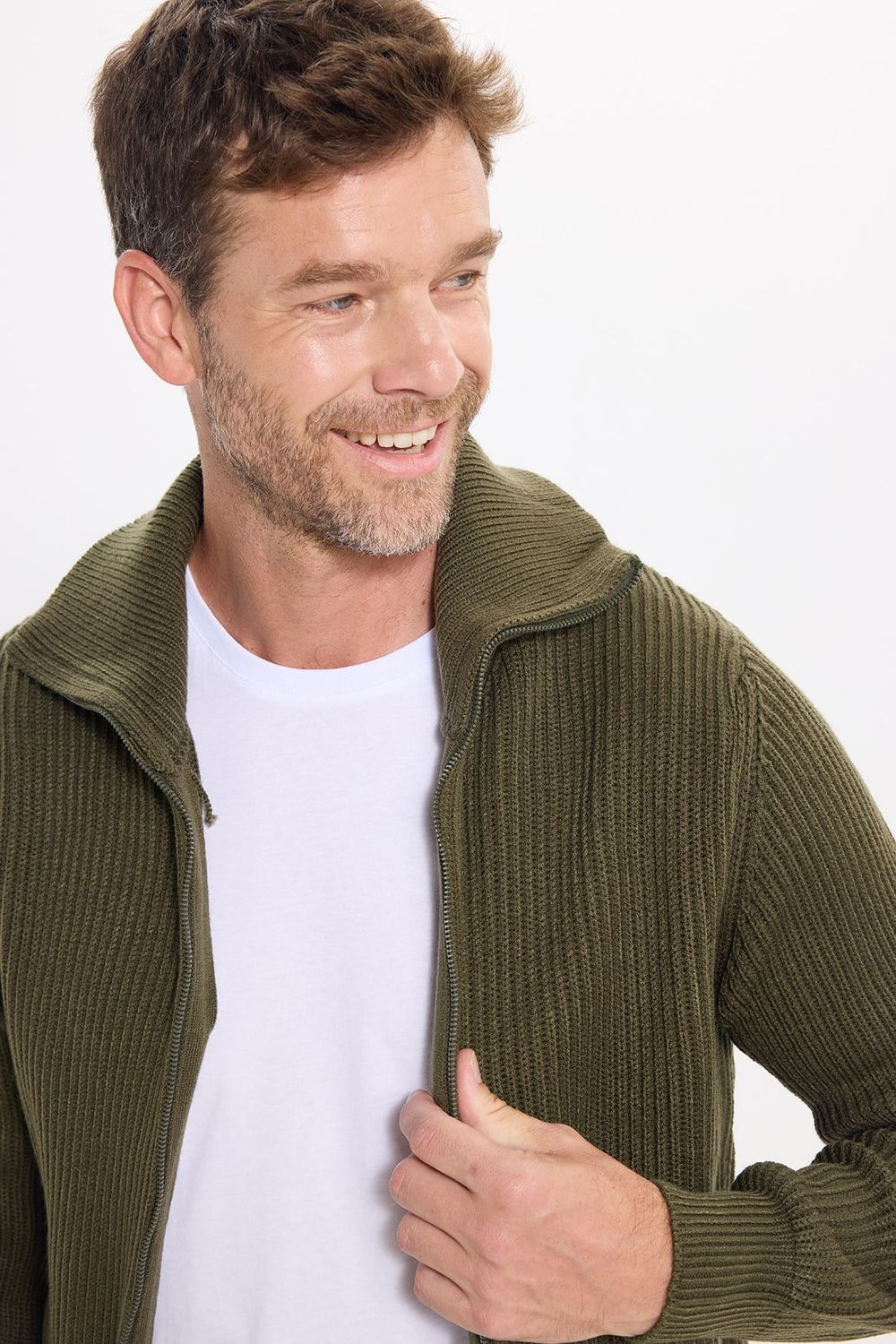 Erkek Slim Fit Dik Yaka Fermuarlı Haki Düz Hırka