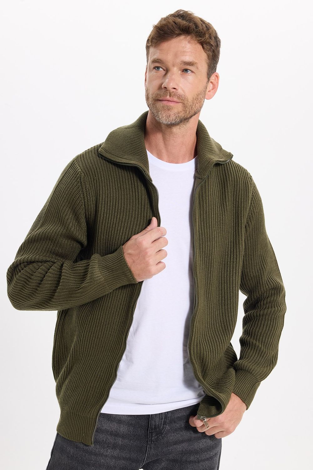 Erkek Slim Fit Dik Yaka Fermuarlı Haki Düz Hırka