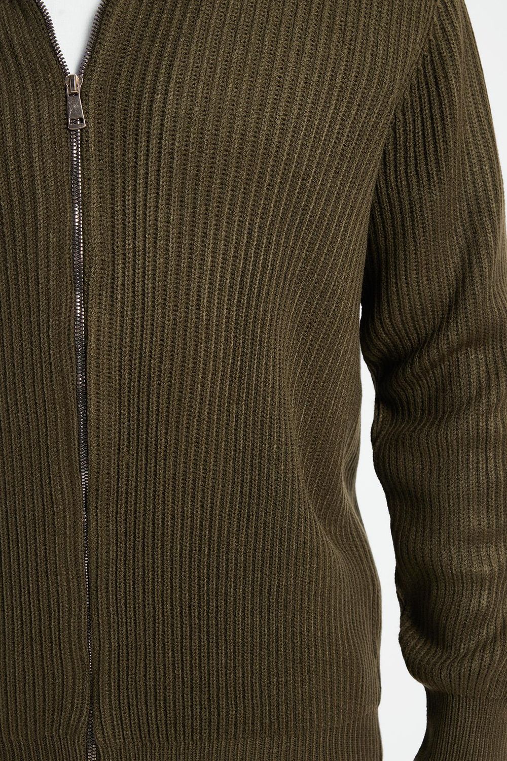 Erkek Slim Fit Dik Yaka Fermuarlı Haki Düz Hırka