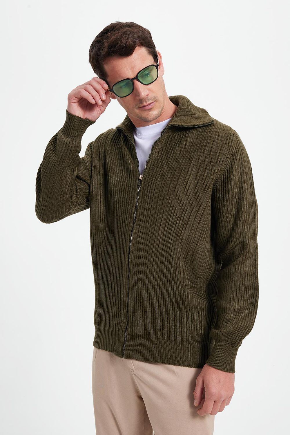 Erkek Slim Fit Dik Yaka Fermuarlı Haki Düz Hırka