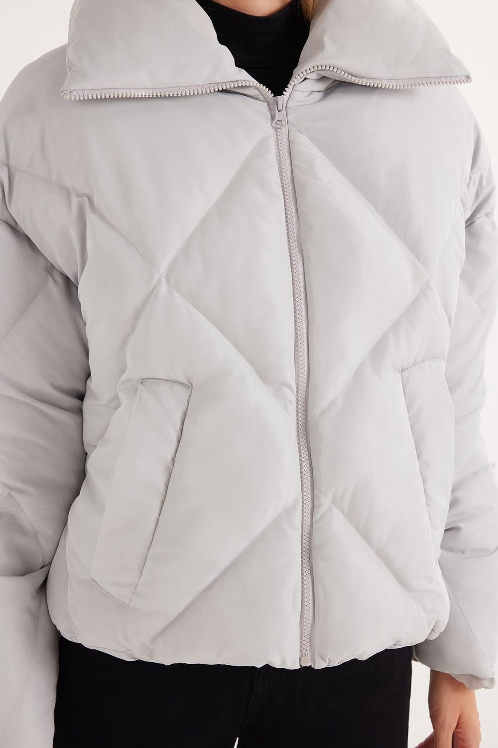 Kadın Oversize Geniş Kesim Şişme Dik Yaka Gri Mont