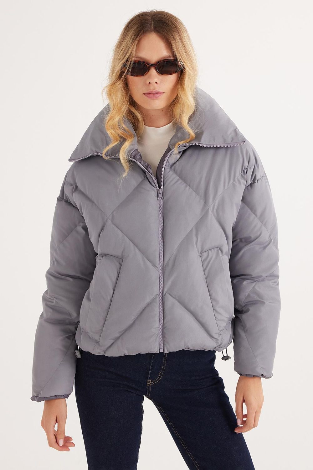 Kadın Oversize Geniş Kesim Şişme Dik Yaka Antrasit Mont