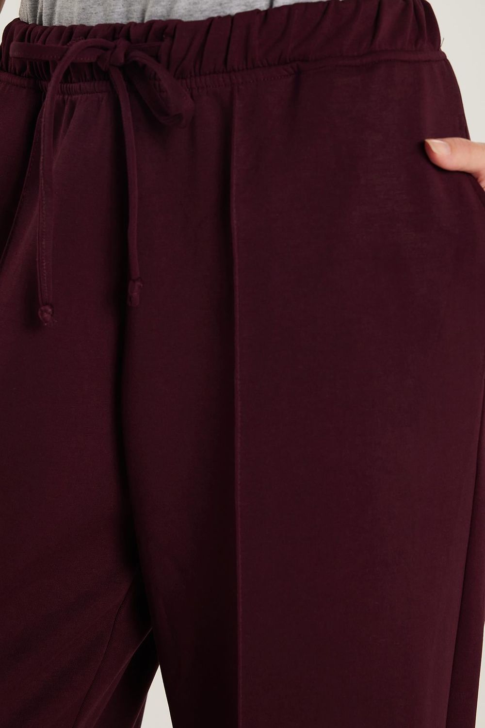 Kadın Modal Kumaş Relax Fit Beli Lastikli Bağlamalı Bordo Pantolon