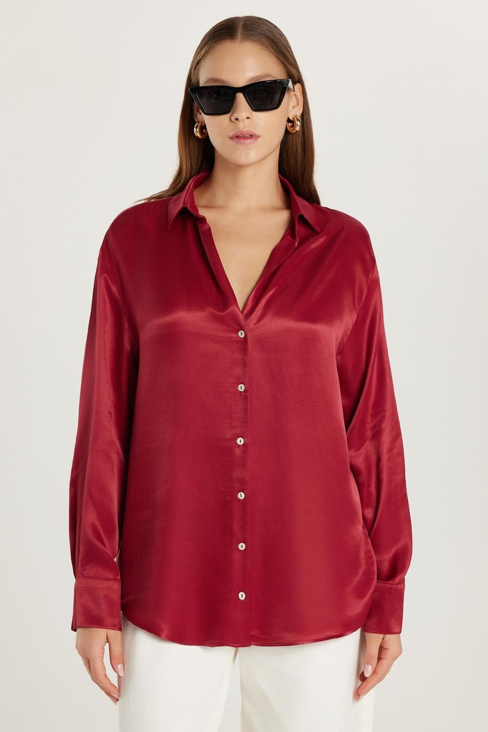 Kadın Slim Fit Dar Kesim Bordo Gömlek