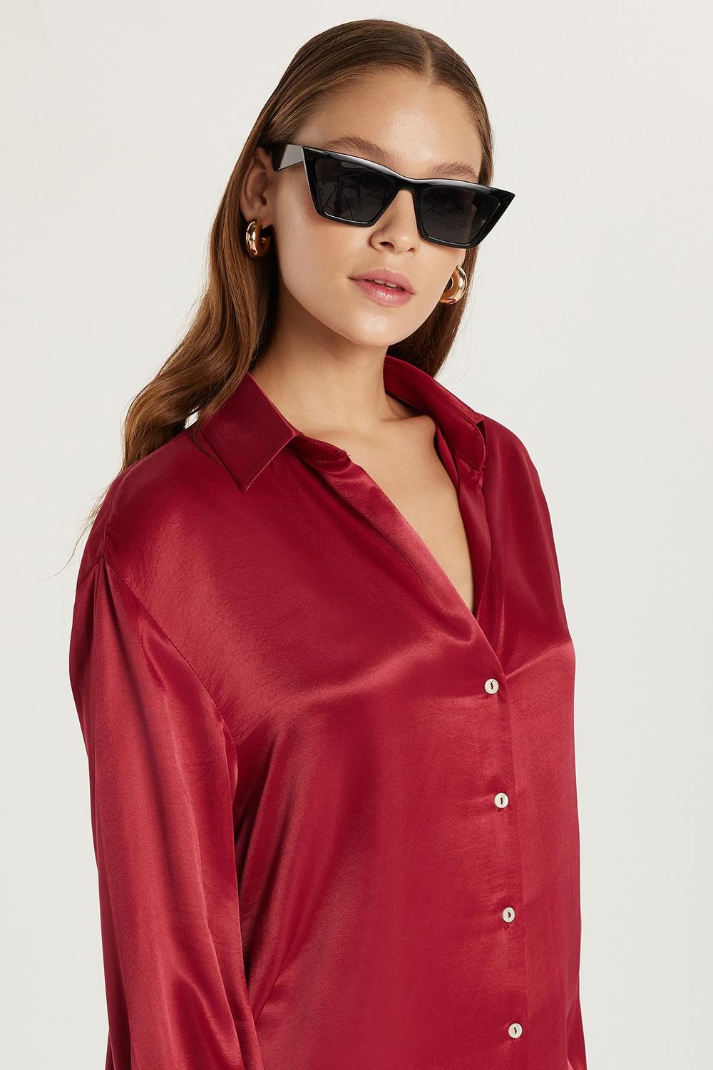 Kadın Slim Fit Dar Kesim Bordo Gömlek
