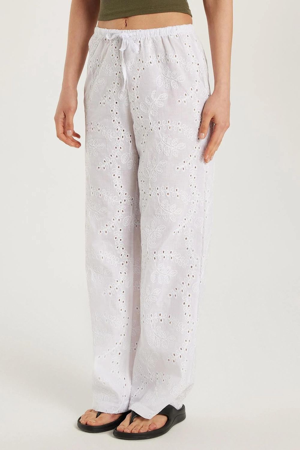 Kadın Regular Fit %100 Pamuk Beli Lastikli Bağlamalı Geniş Paça Ekru Pantolon