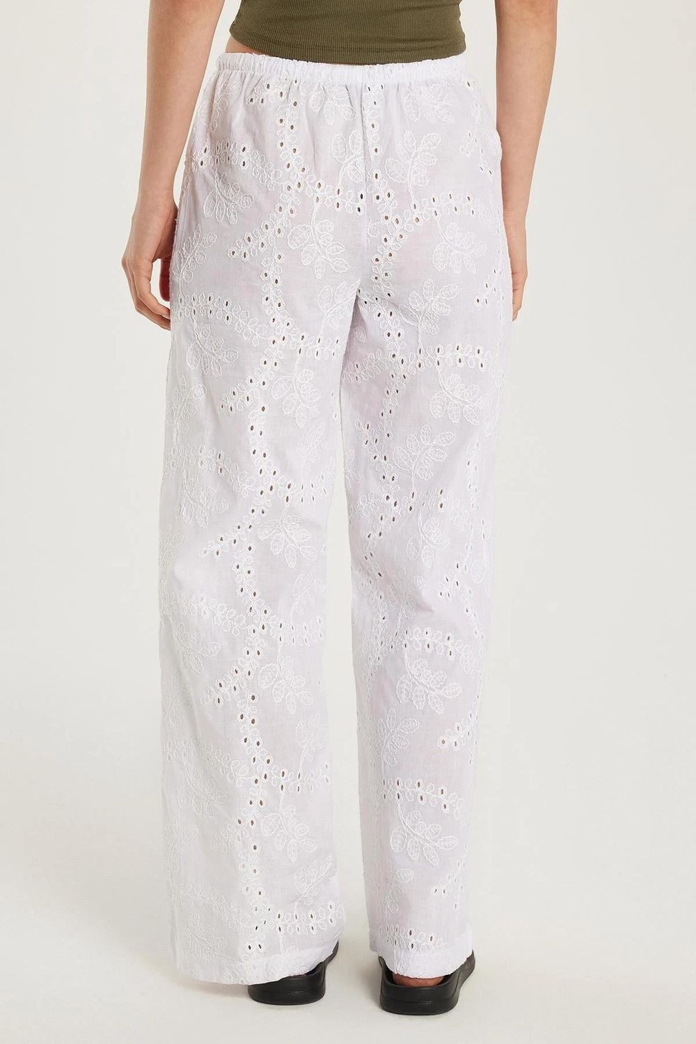 Kadın Regular Fit %100 Pamuk Beli Lastikli Bağlamalı Geniş Paça Ekru Pantolon