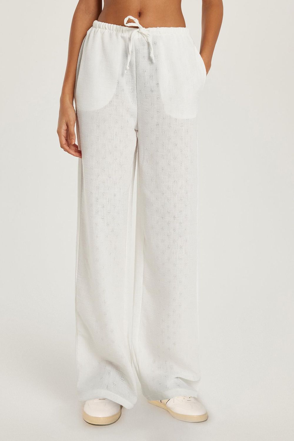 Kadın Relax Fit Beli Lastikli Bağlamalı Palazzo Geniş Paça Ekru Pantolon